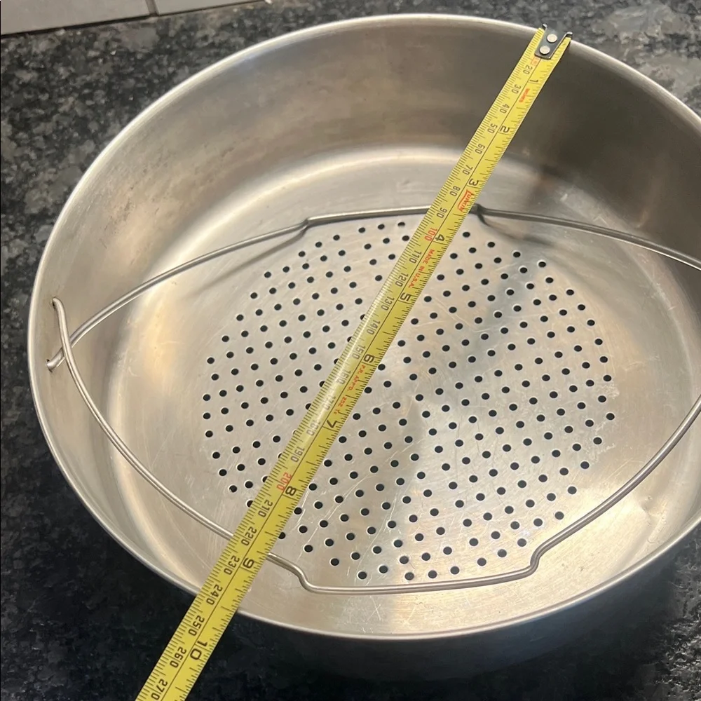 Stainless Steel Steamer Basket 9.5”. Has feet to sit above water to steam.